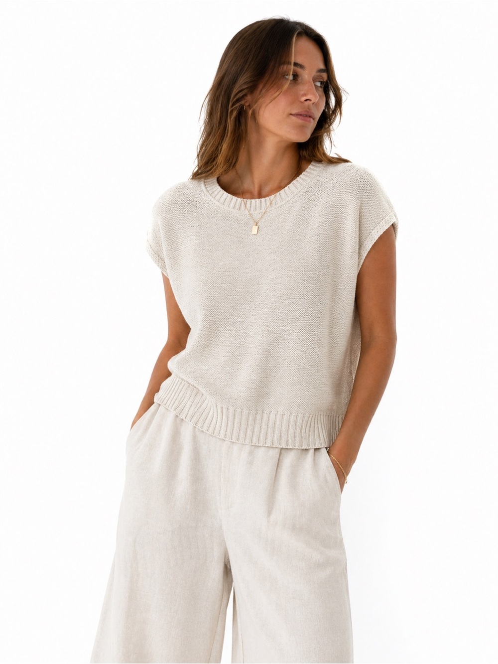 LOFT Cream Knit Sweater Top NWT Cap Sleeve Minimalist Neutral Size L
